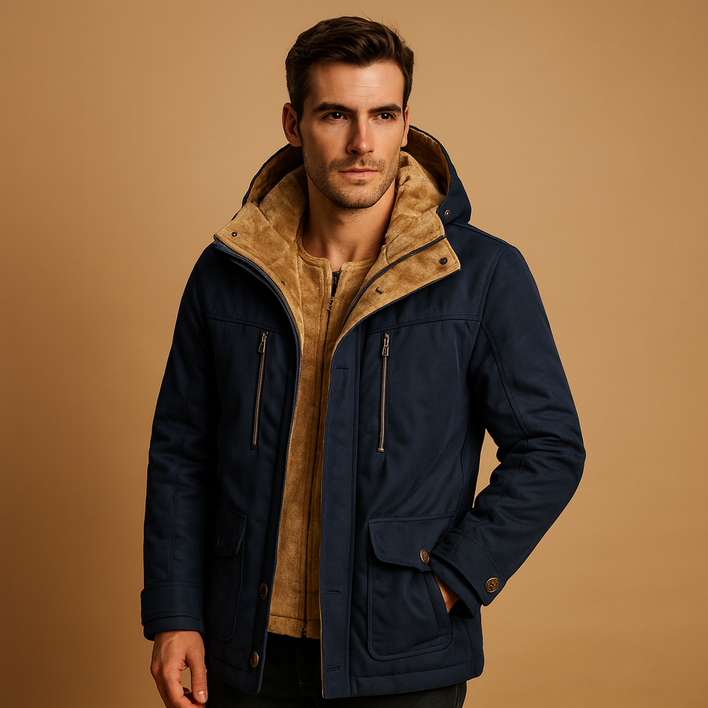 Men’s comfortable hooded winter jacket with thick lining and timeless design, perfect for cold weather and outdoor activities.