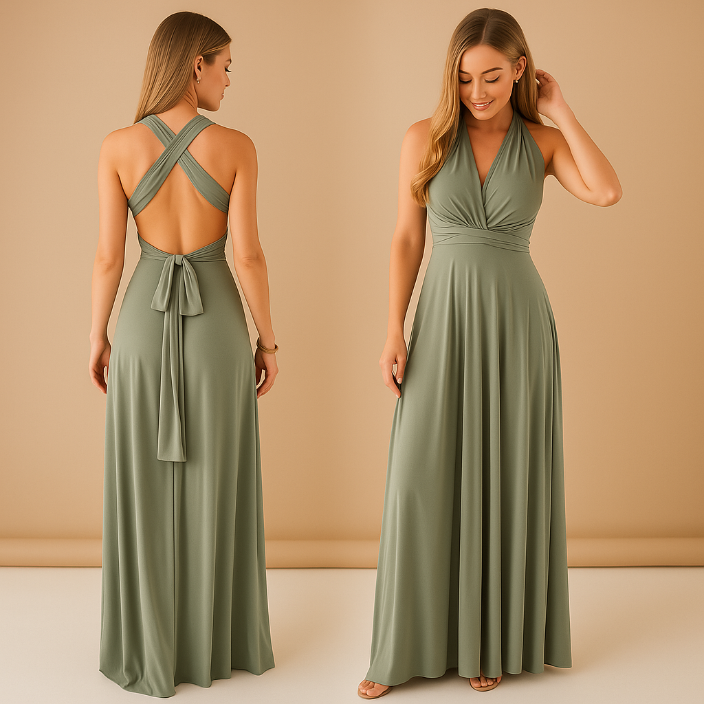 Convertible wrap dress for women named Amara, featuring extra-long straps, pleated waist, and 20+ styling options, perfect for weddings or special occasions.