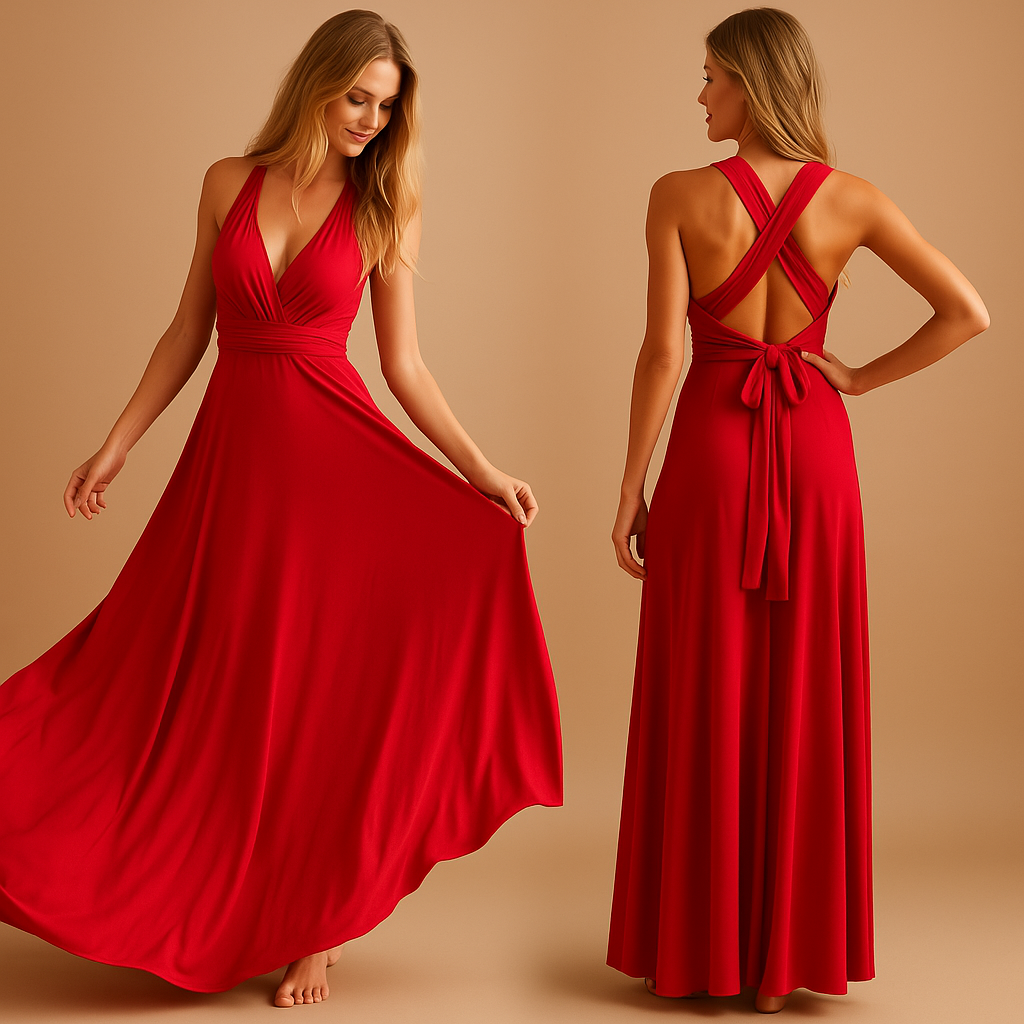 Convertible wrap dress for women named Amara, featuring extra-long straps, pleated waist, and 20+ styling options, perfect for weddings or special occasions.