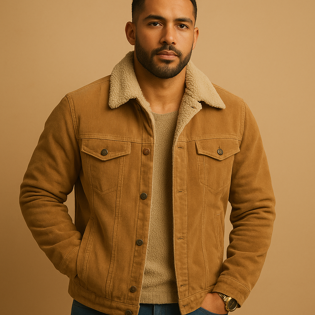 Men’s corduroy jacket in soft durable fabric with slim modern fit, available in khaki, coffee, green, and grey for casual or formal wear.