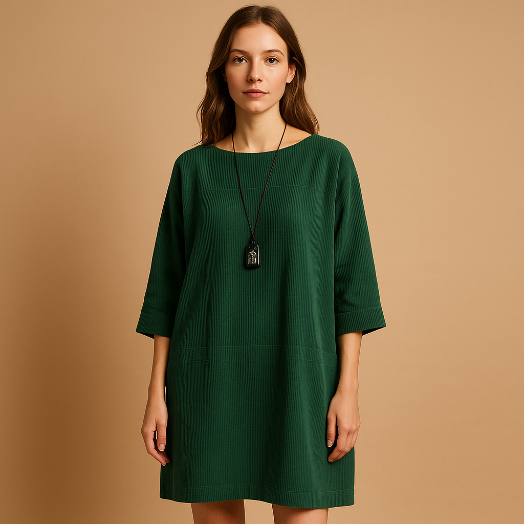 Corduroy summer dress for women with short sleeves and knee-length cut, made from lightweight breathable fabric for casual and elegant summer wear.