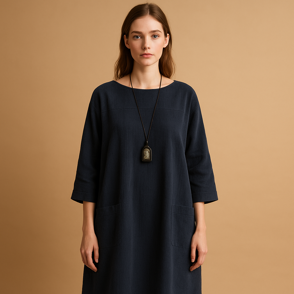Corduroy summer dress for women with short sleeves and knee-length cut, made from lightweight breathable fabric for casual and elegant summer wear.