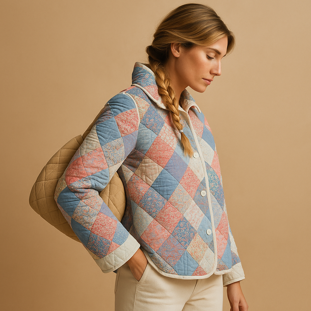 Cotton coat for women with slim fit, classic button closure, and striking prints in multicolor, pink beige, and pink blue.