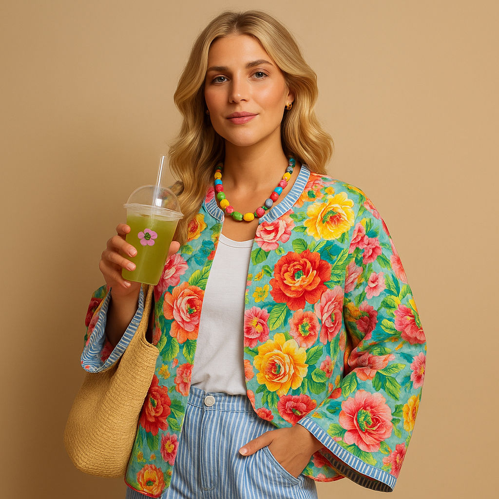 Cotton coat for women with slim fit, classic button closure, and striking prints in multicolor, pink beige, and pink blue.