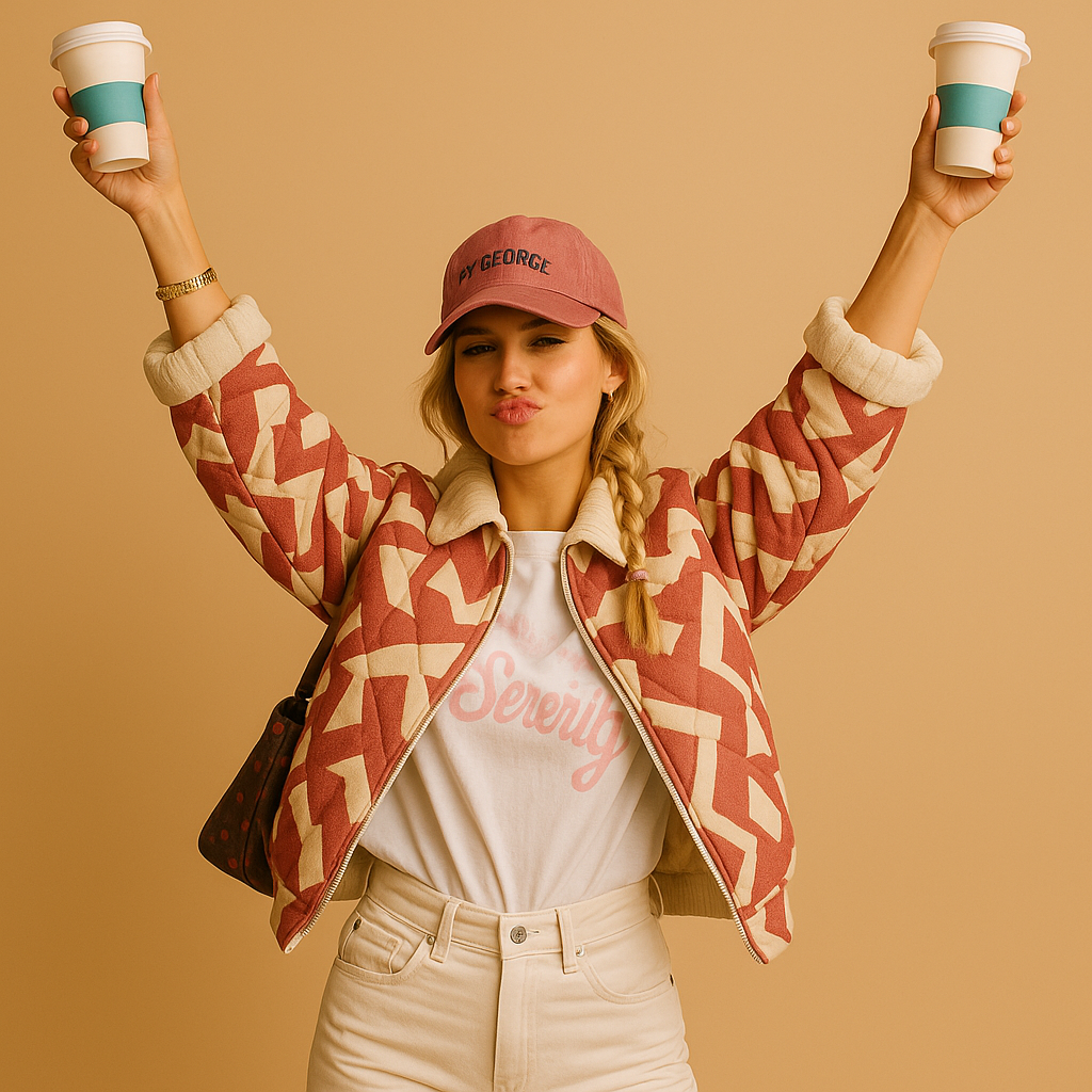 Cotton coat for women with slim fit, classic button closure, and striking prints in multicolor, pink beige, and pink blue.