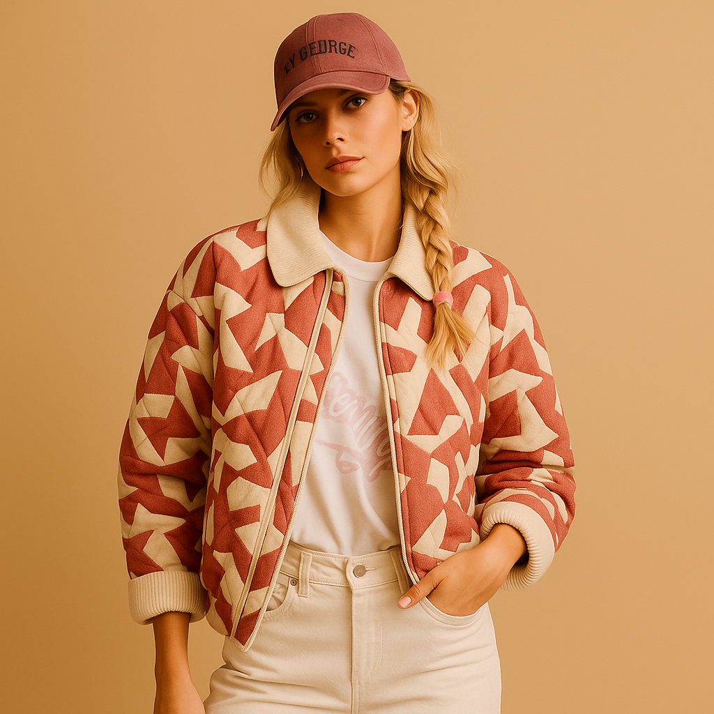 Cotton coat for women with slim fit, classic button closure, and striking prints in multicolor, pink beige, and pink blue.