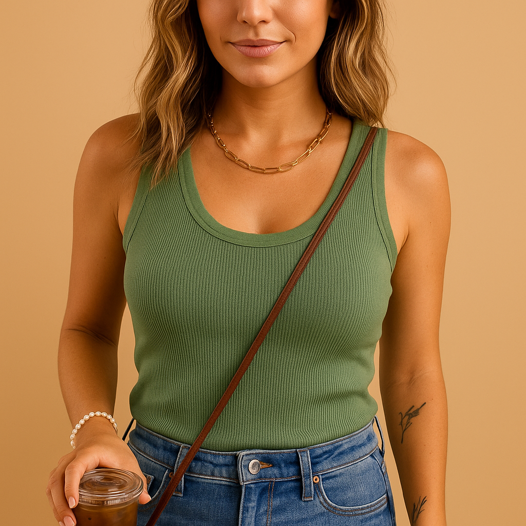Women’s sleeveless cotton tank top with a U-neckline and slim fit, perfect for summer days, casual outfits, and relaxed warm-weather style.