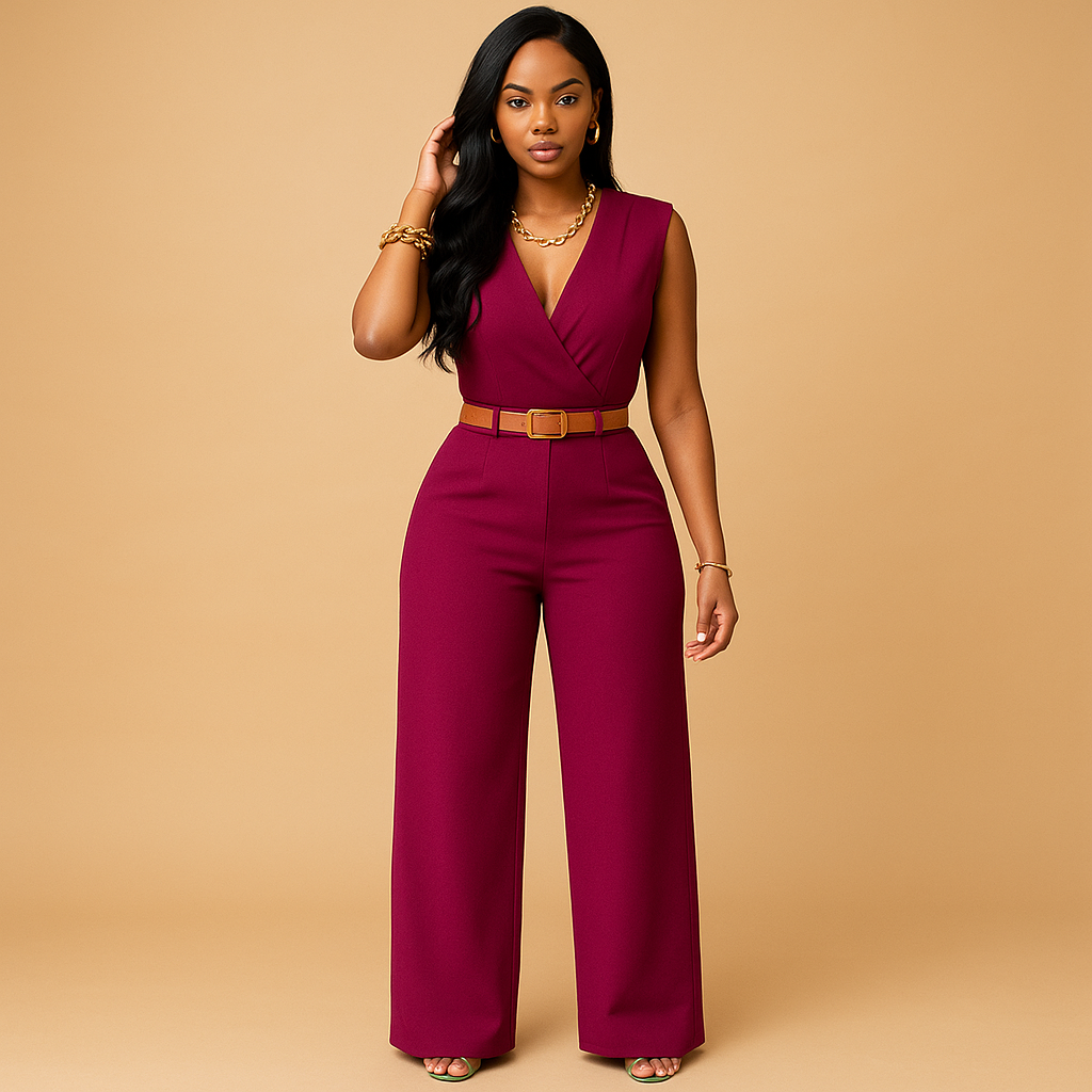 Elegant deep V-neck jumpsuit for women with a high waist and flattering fit, perfect for evenings out, parties, and special occasions.