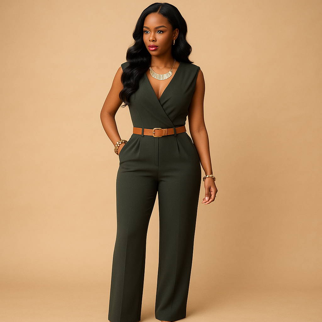 Elegant deep V-neck jumpsuit for women with a high waist and flattering fit, perfect for evenings out, parties, and special occasions.
