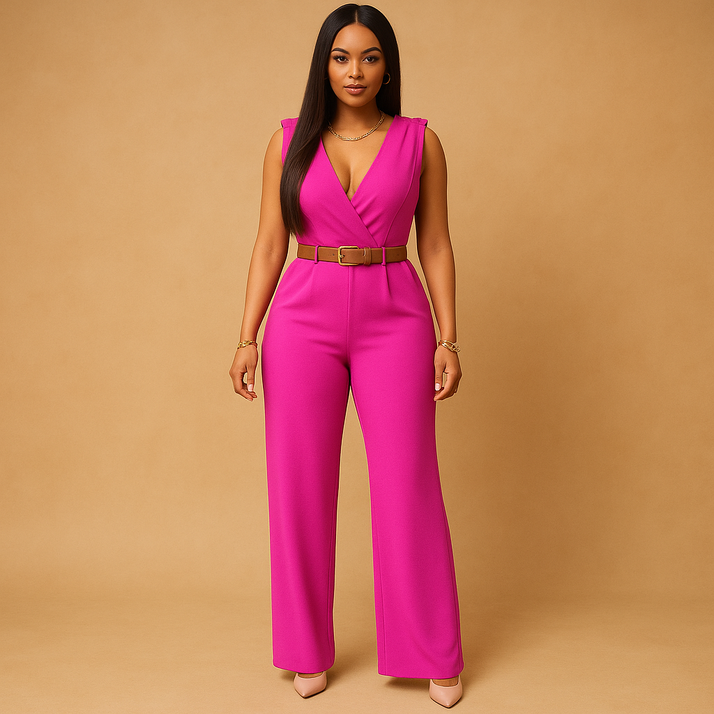 Elegant deep V-neck jumpsuit for women with a high waist and flattering fit, perfect for evenings out, parties, and special occasions.