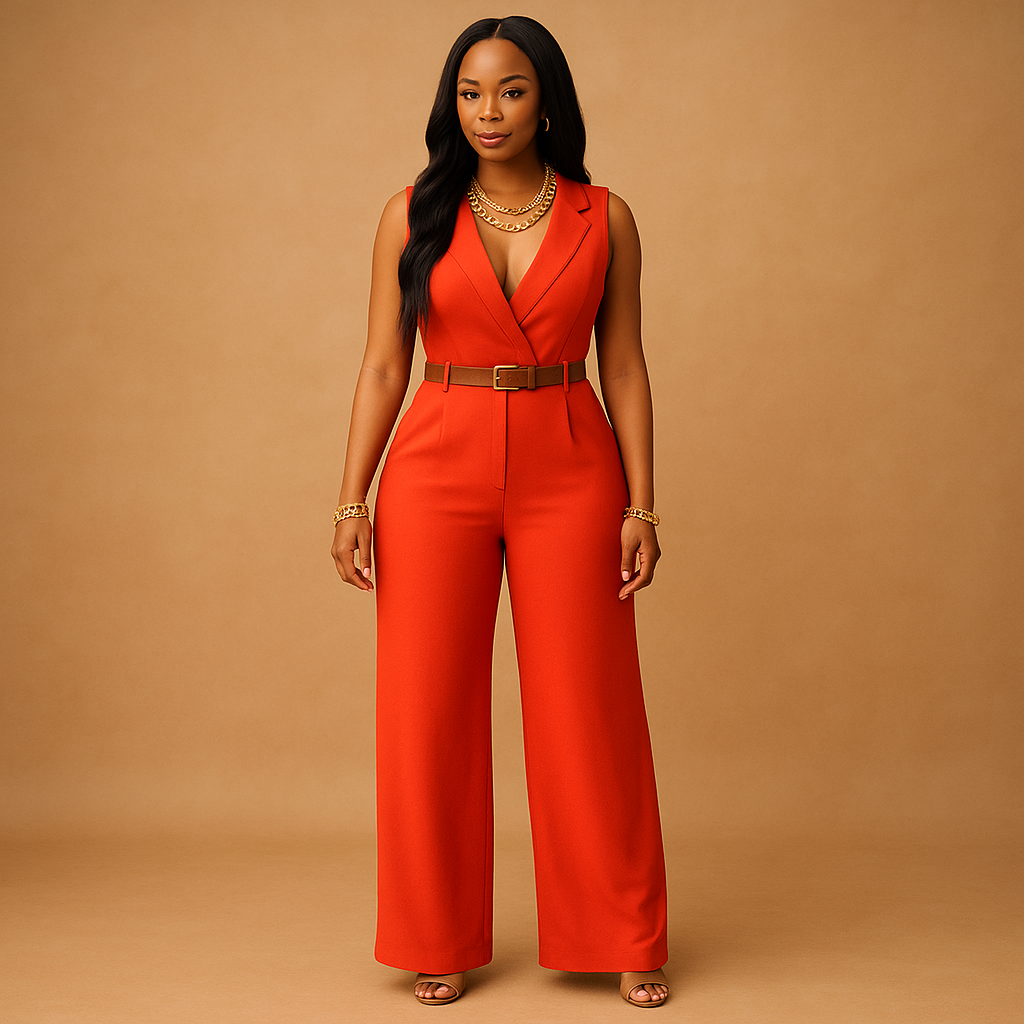 Elegant deep V-neck jumpsuit for women with a high waist and flattering fit, perfect for evenings out, parties, and special occasions.