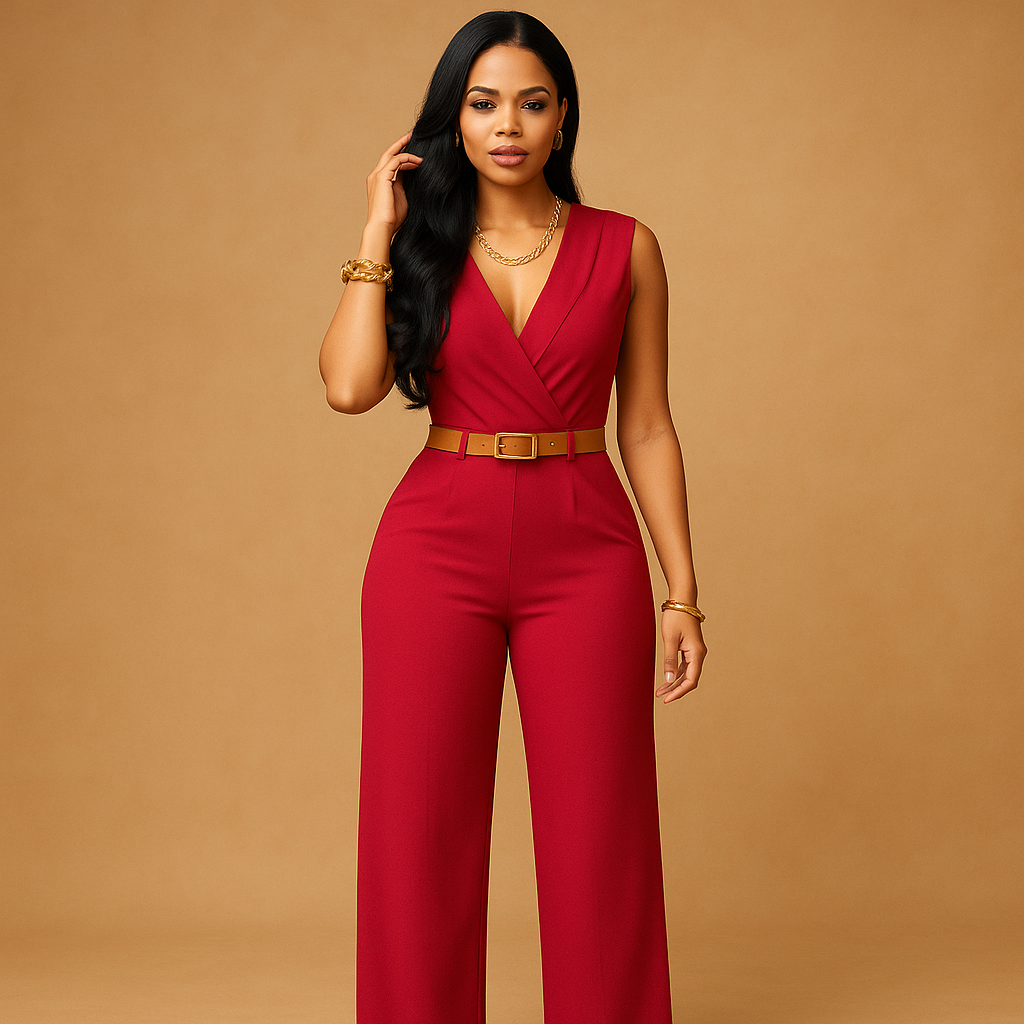 Elegant deep V-neck jumpsuit for women with a high waist and flattering fit, perfect for evenings out, parties, and special occasions.
