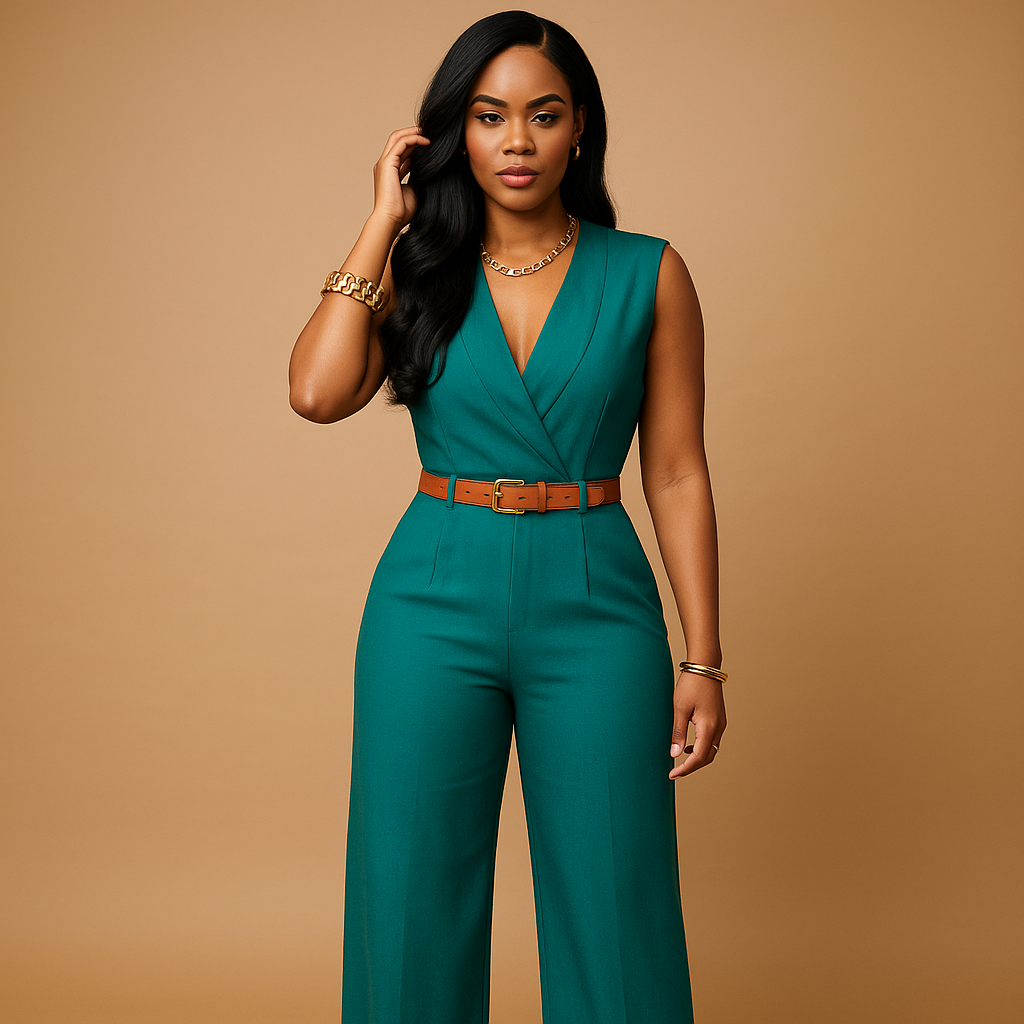 Elegant deep V-neck jumpsuit for women with a high waist and flattering fit, perfect for evenings out, parties, and special occasions.