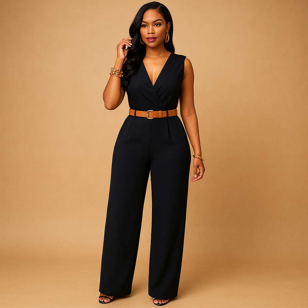 Elegant deep V-neck jumpsuit for women with a high waist and flattering fit, perfect for evenings out, parties, and special occasions.