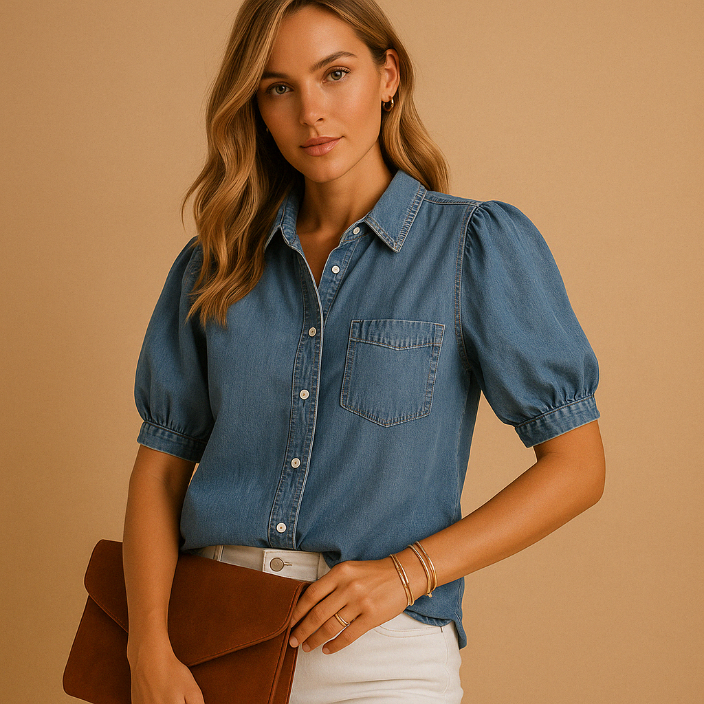 Women’s denim button-up blouse with a tailored fit and long sleeves, perfect for autumn, workwear, and casual layered outfits.
