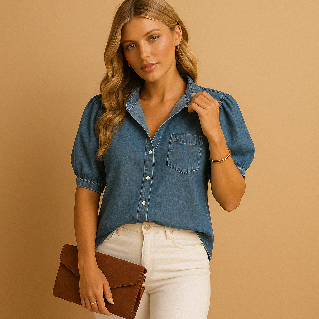 Women’s denim button-up blouse with a tailored fit and long sleeves, perfect for autumn, workwear, and casual layered outfits.