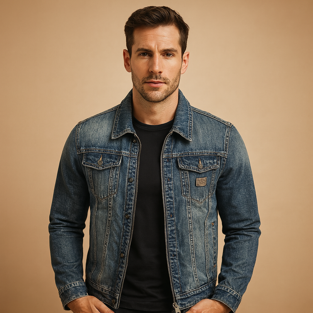 Men’s classic denim jacket in blue with button closure and front pockets, ideal for casual wear and everyday outfits.