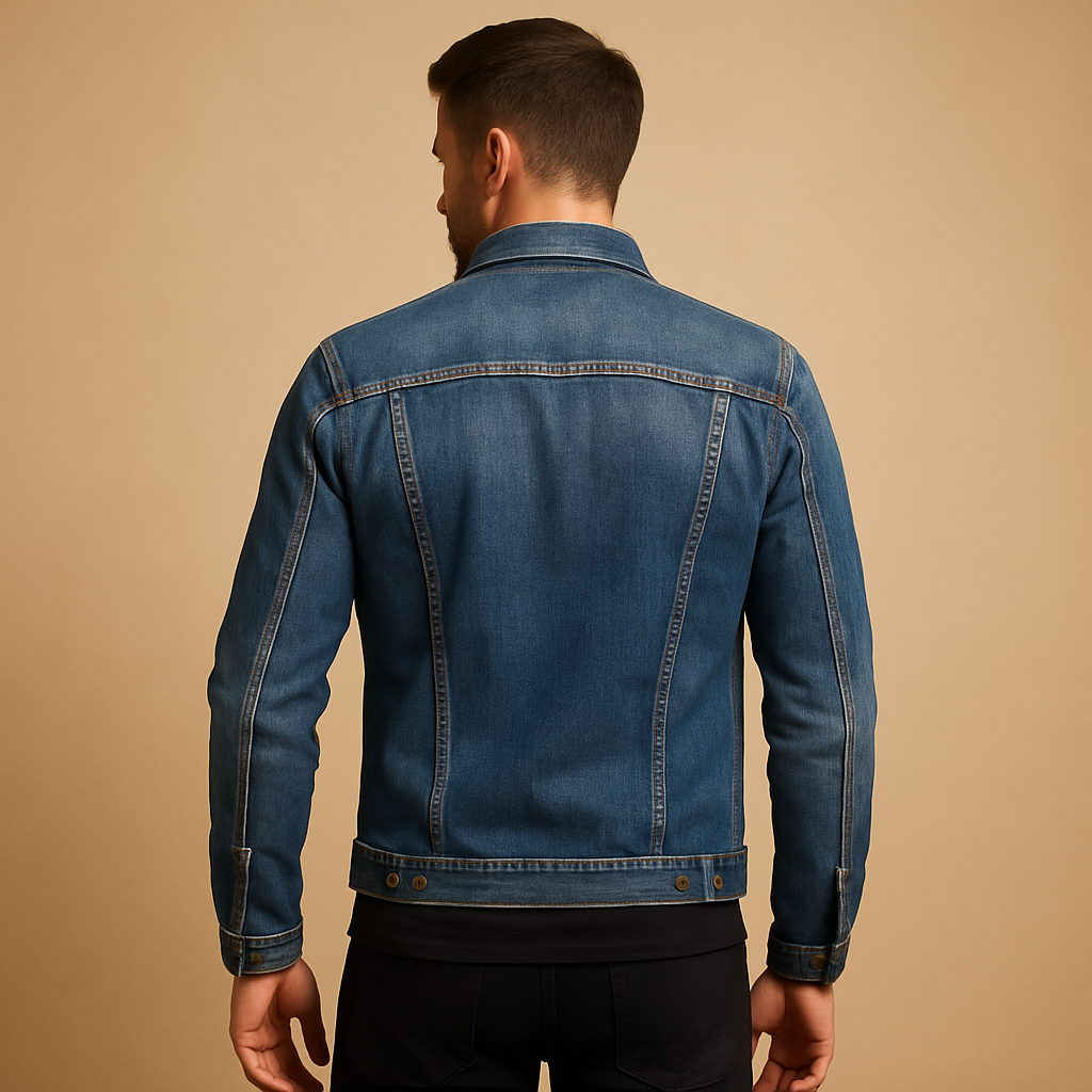 Men’s classic denim jacket in blue with button closure and front pockets, ideal for casual wear and everyday outfits.
