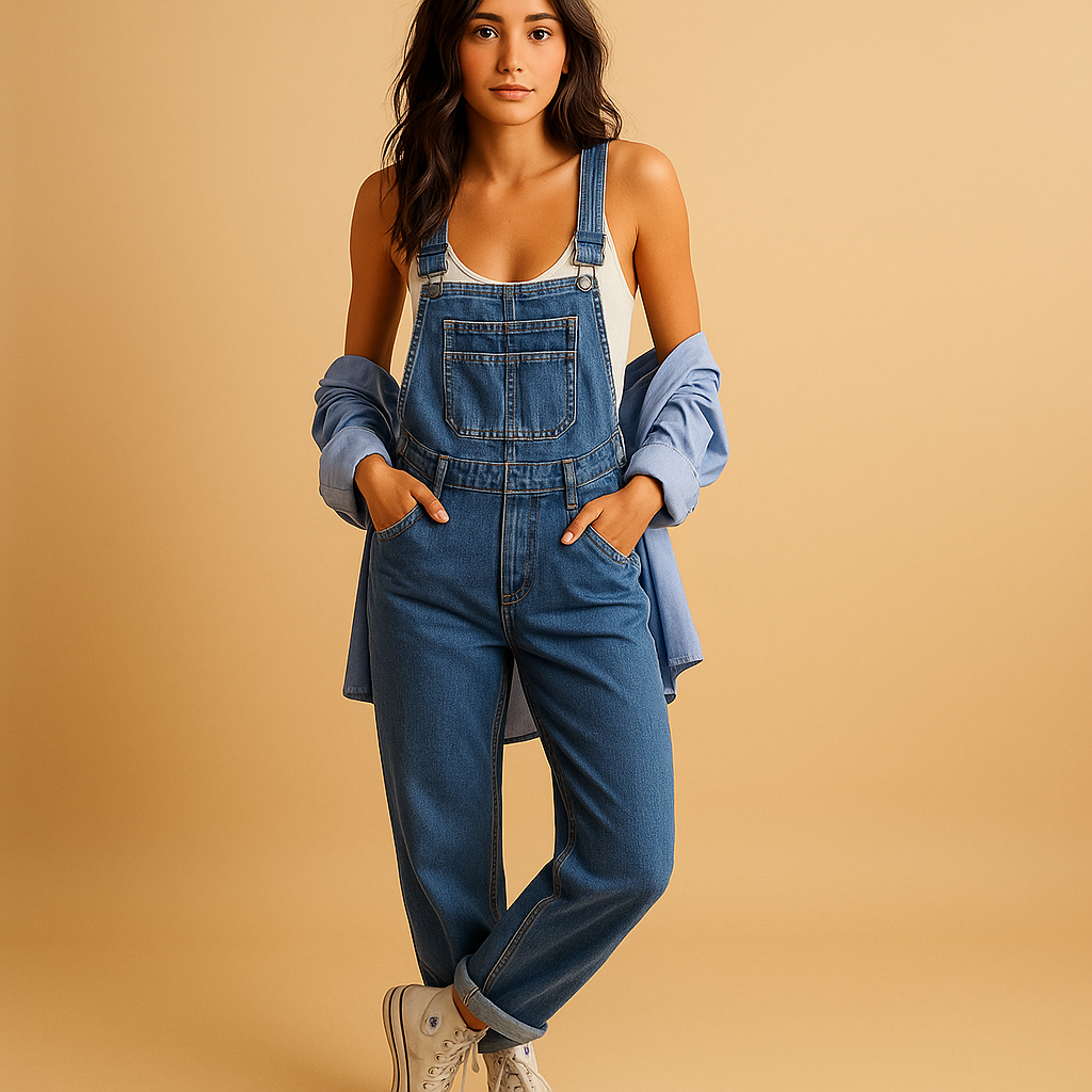 Classic denim overall for women with adjustable straps and relaxed fit, perfect for casual outfits, weekend wear, and everyday comfort.