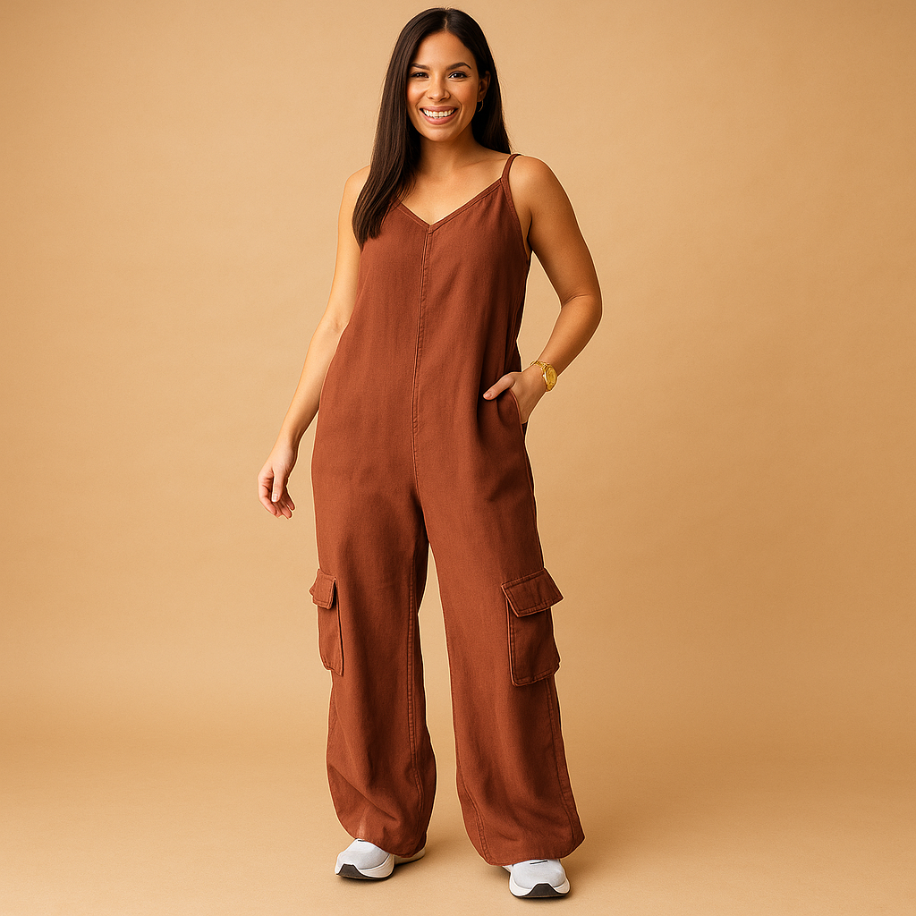 Denim V-neck jumpsuit for women with open back and crossed straps, made from 100% cotton, perfect for summer festivals and casual wear.
