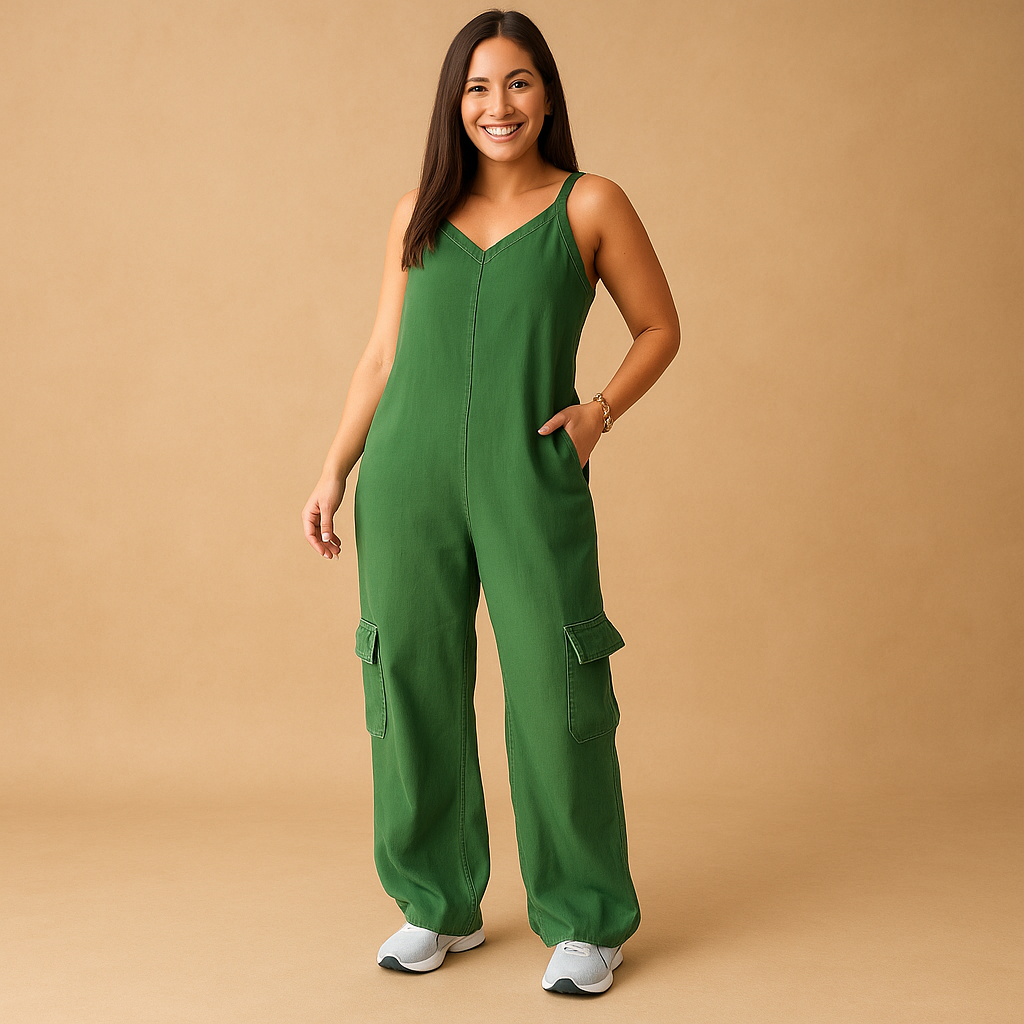 Denim V-neck jumpsuit for women with open back and crossed straps, made from 100% cotton, perfect for summer festivals and casual wear.