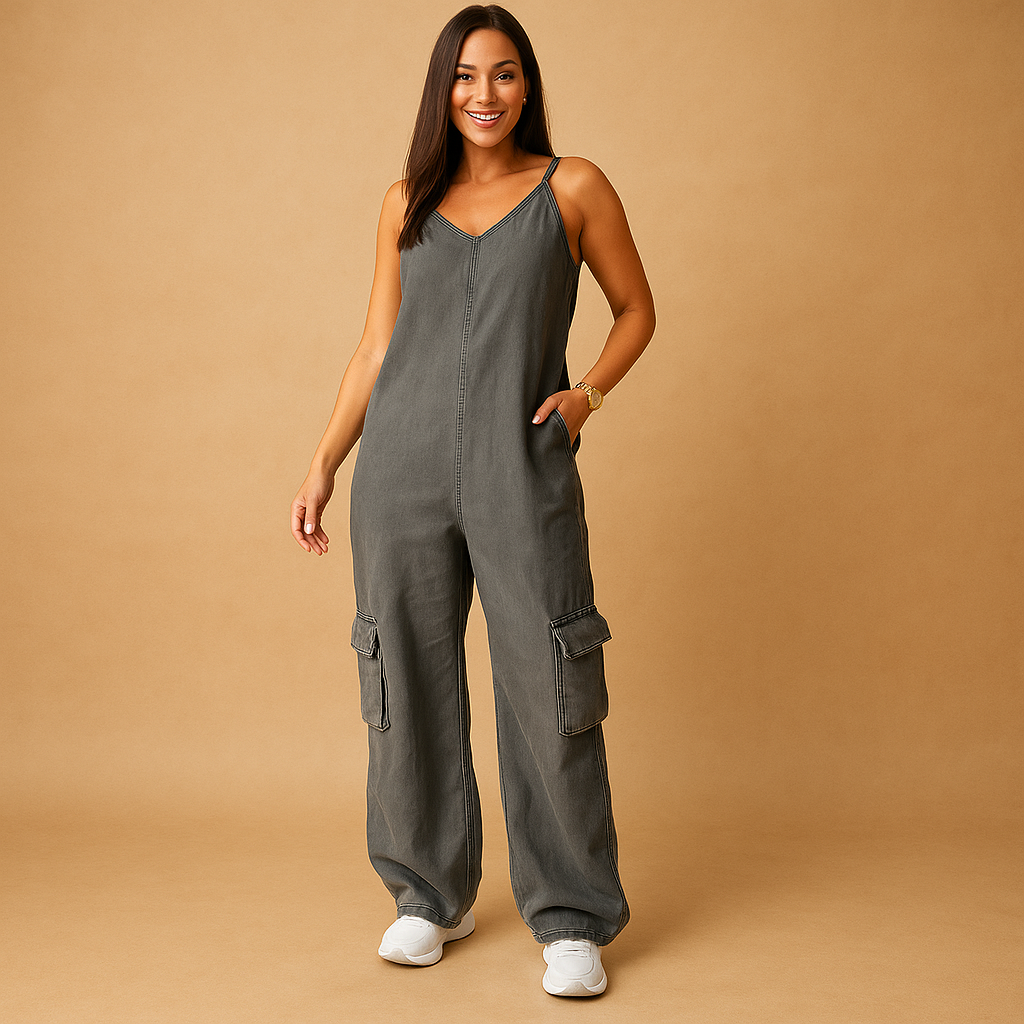 Denim V-neck jumpsuit for women with open back and crossed straps, made from 100% cotton, perfect for summer festivals and casual wear.