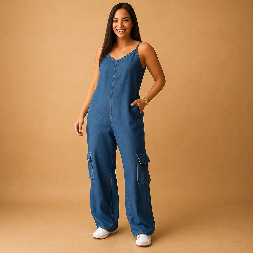Denim V-neck jumpsuit for women with open back and crossed straps, made from 100% cotton, perfect for summer festivals and casual wear.
