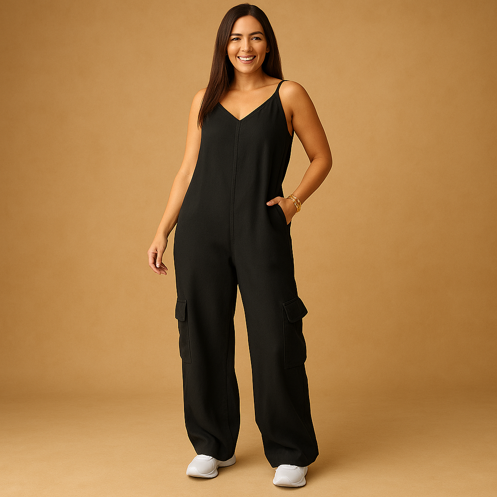 Denim V-neck jumpsuit for women with open back and crossed straps, made from 100% cotton, perfect for summer festivals and casual wear.
