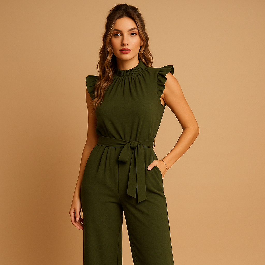 Elegant belted jumpsuit for women with a high neckline and cap sleeves, perfect for formal occasions, parties, and evening dinners.