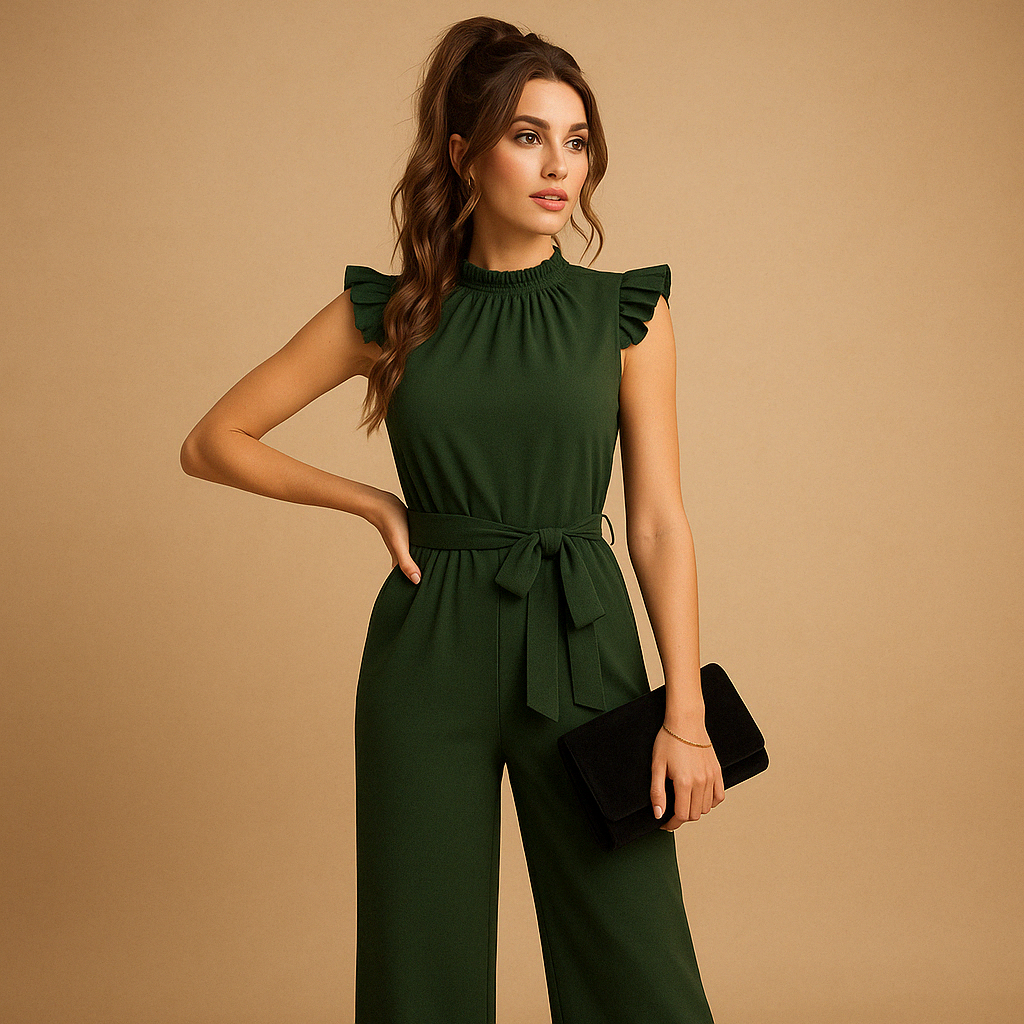 Elegant belted jumpsuit for women with a high neckline and cap sleeves, perfect for formal occasions, parties, and evening dinners.
