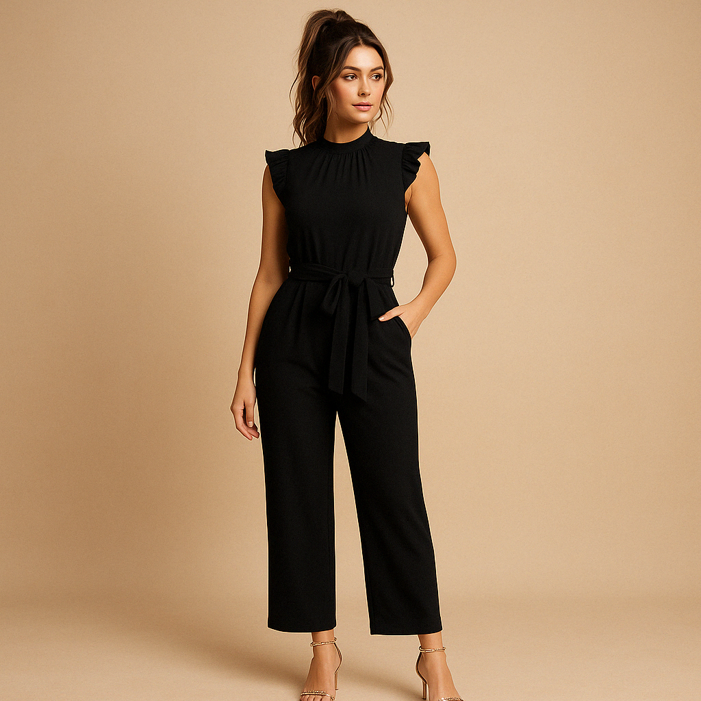 Elegant belted jumpsuit for women with a high neckline and cap sleeves, perfect for formal occasions, parties, and evening dinners.