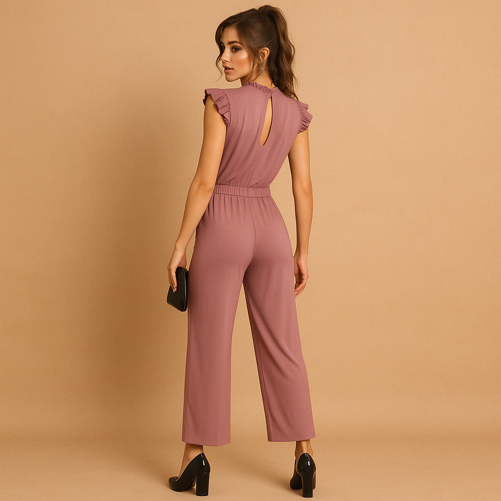 Elegant belted jumpsuit for women with a high neckline and cap sleeves, perfect for formal occasions, parties, and evening dinners.