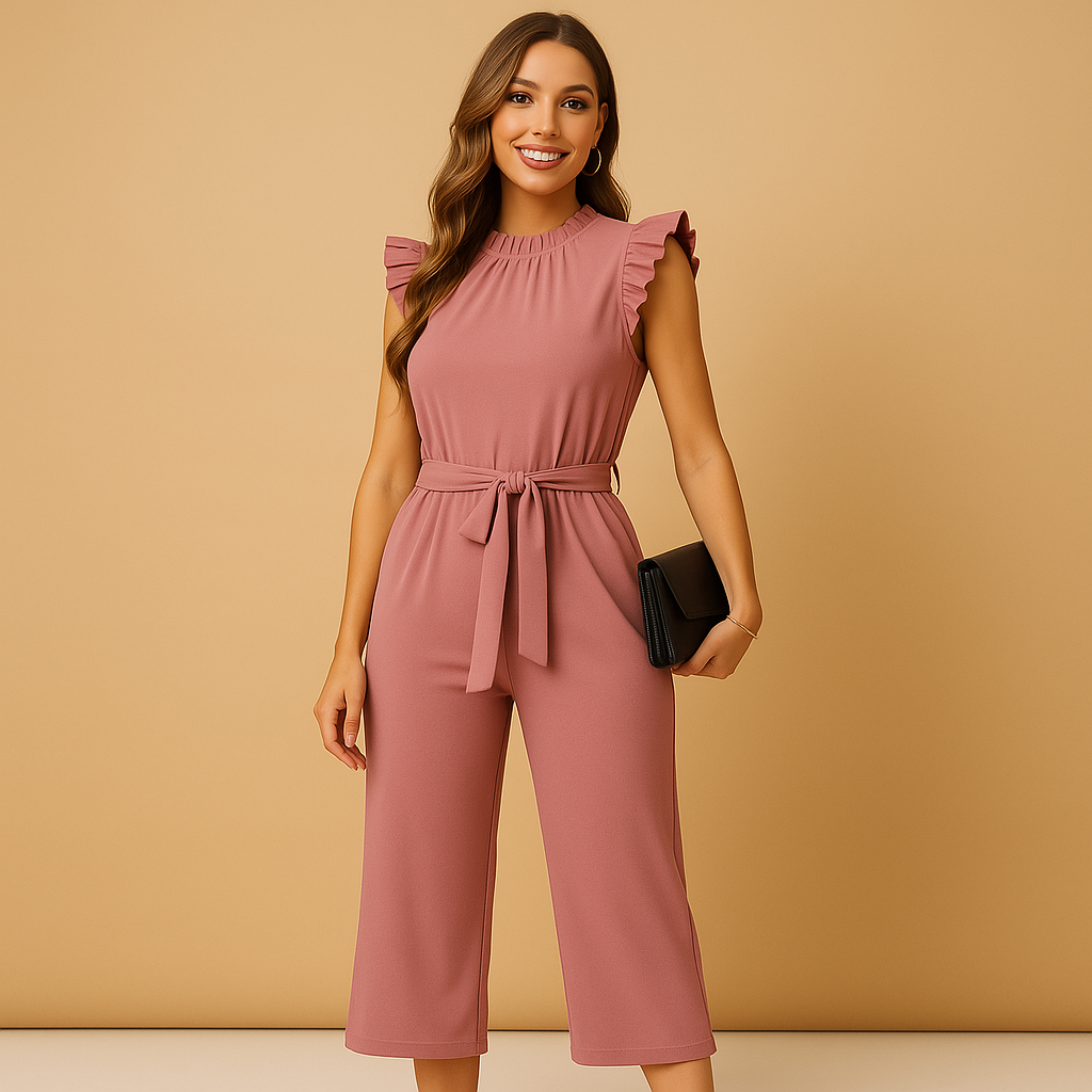 Elegant belted jumpsuit for women with a high neckline and cap sleeves, perfect for formal occasions, parties, and evening dinners.