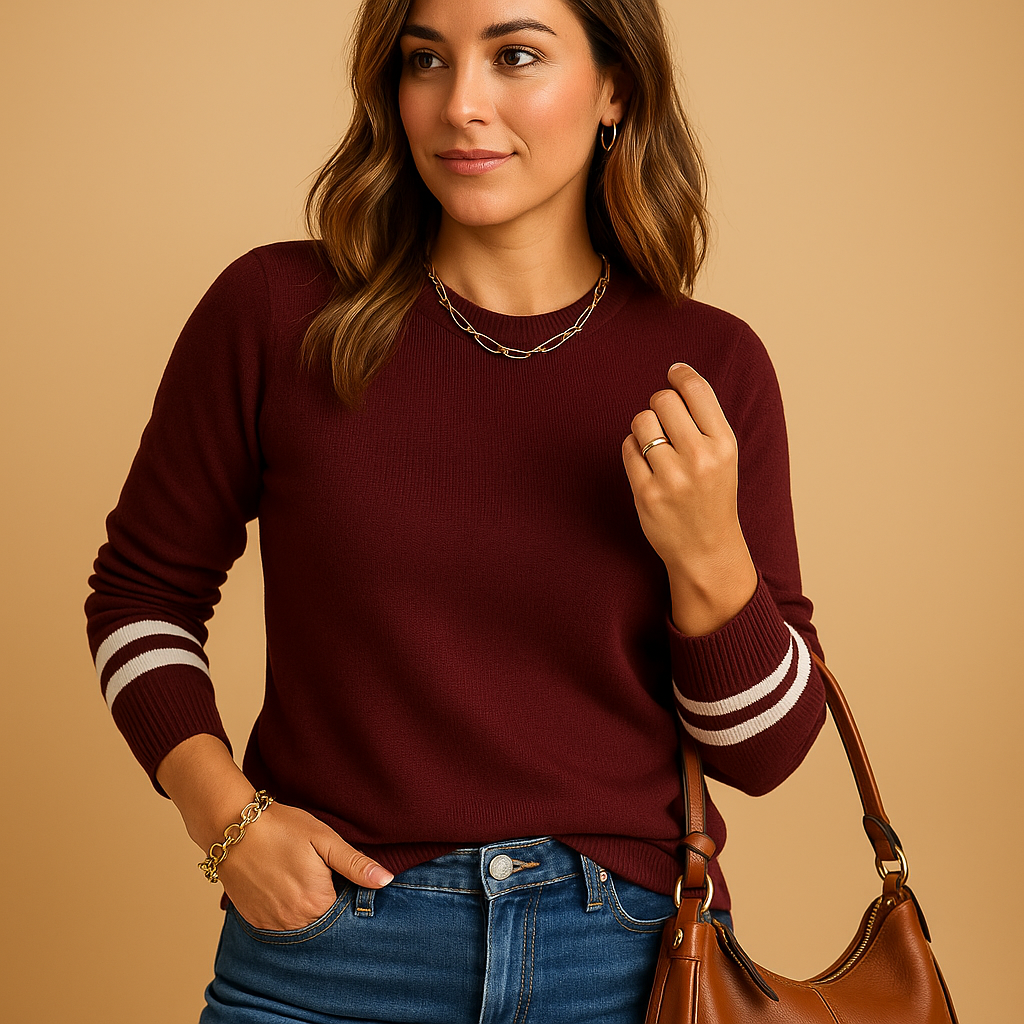 Women’s elegant knitted sweater with striped sleeves, relaxed fit, breathable fabric, available in multiple shades for stylish everyday wear.