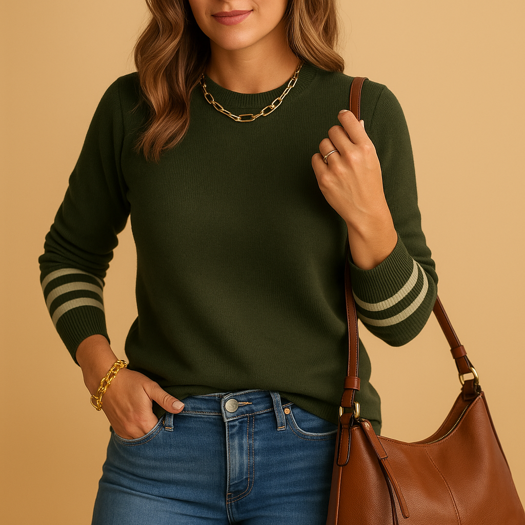 Women’s elegant knitted sweater with striped sleeves, relaxed fit, breathable fabric, available in multiple shades for stylish everyday wear.