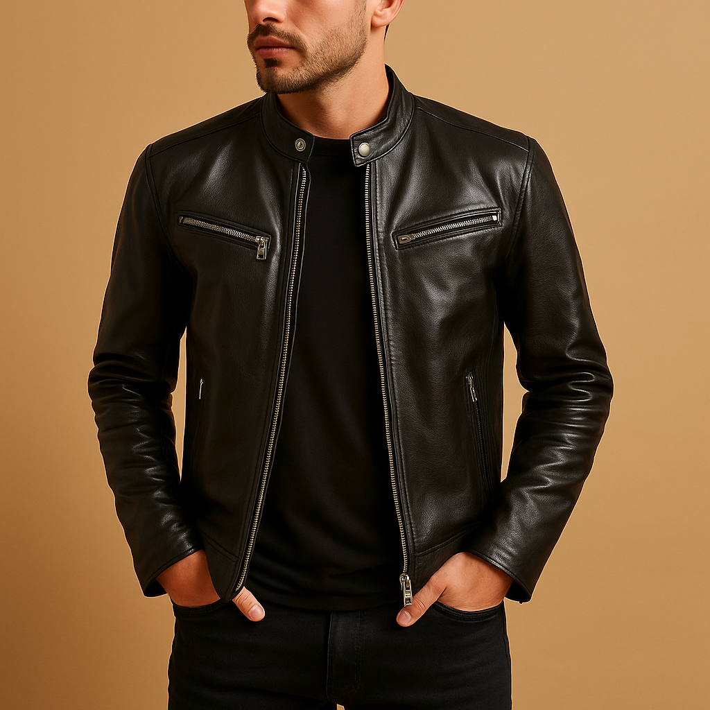 Men’s elegant leather mid-season jacket in PU leather, ideal for casual and formal outfits during spring or autumn.