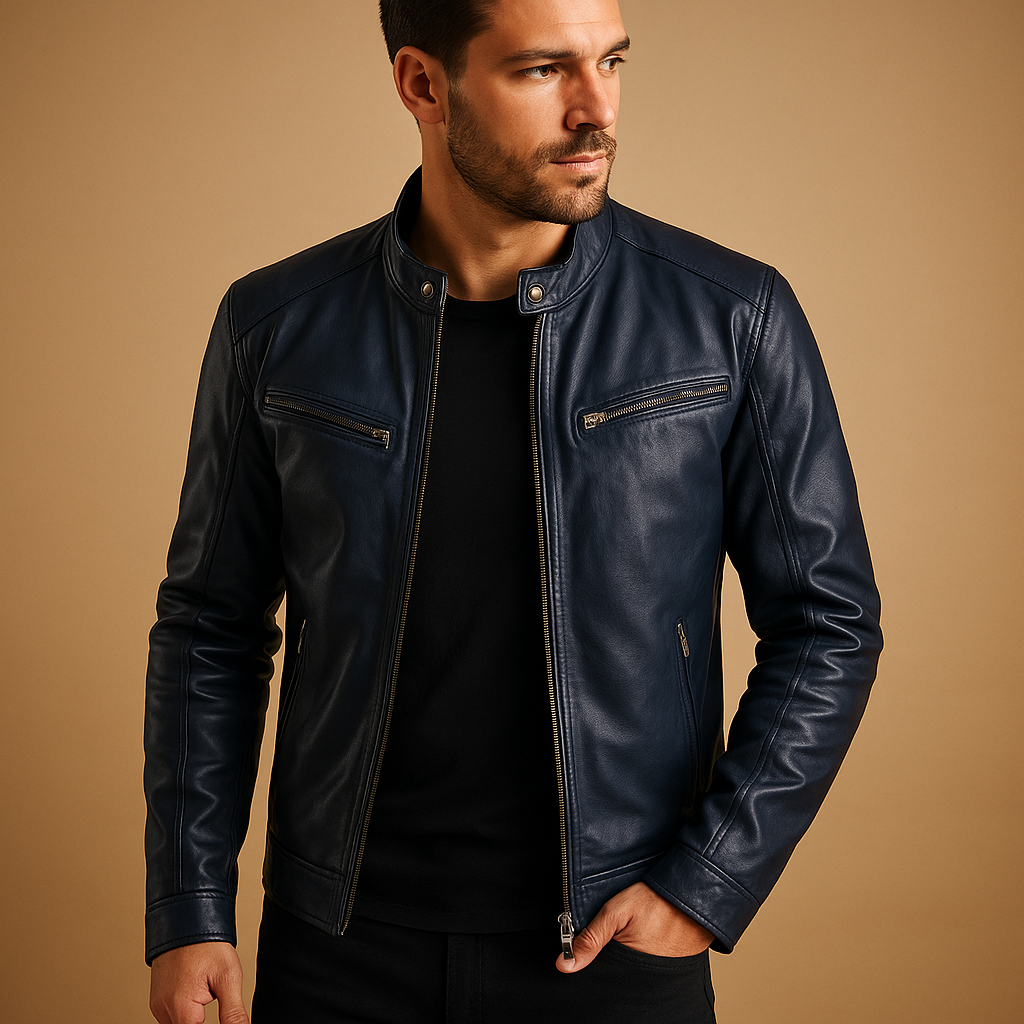 Men’s elegant leather mid-season jacket in PU leather, ideal for casual and formal outfits during spring or autumn.