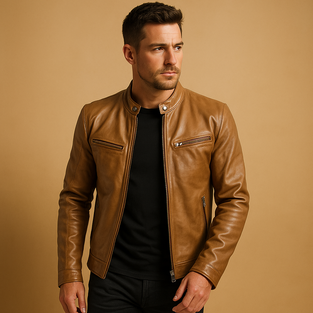 Men’s elegant leather mid-season jacket in PU leather, ideal for casual and formal outfits during spring or autumn.
