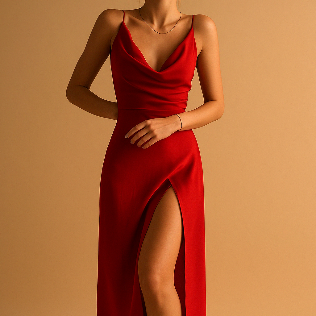 Women’s elegant maxi dress with flowing fit, V-neckline, and subtle silhouette, perfect for weddings, galas, and other formal occasions.