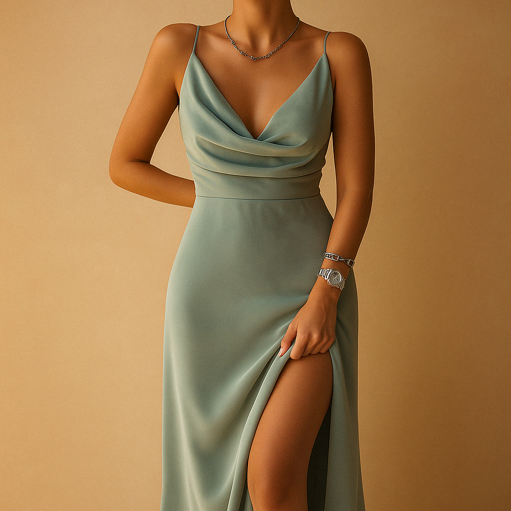 Women’s elegant maxi dress with flowing fit, V-neckline, and subtle silhouette, perfect for weddings, galas, and other formal occasions.