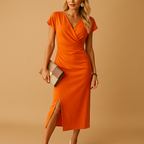 Women’s elegant midi dress with V-neck and front slit, designed with a flattering silhouette in chic shades, perfect for casual, party, or evening wear.