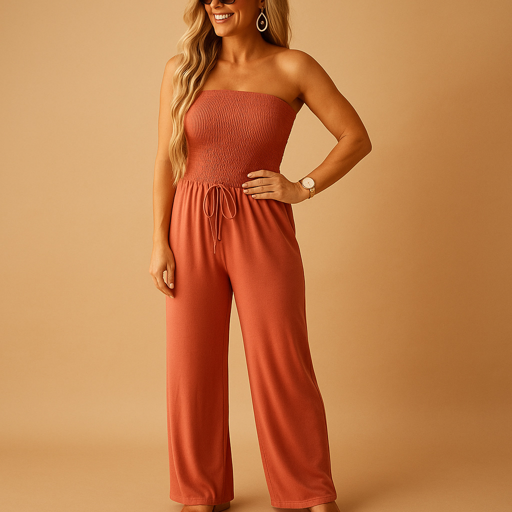 Women’s elegant off-shoulder summer jumpsuit in orange with a soft fabric and flattering fit, perfect for casual outings and summer parties.