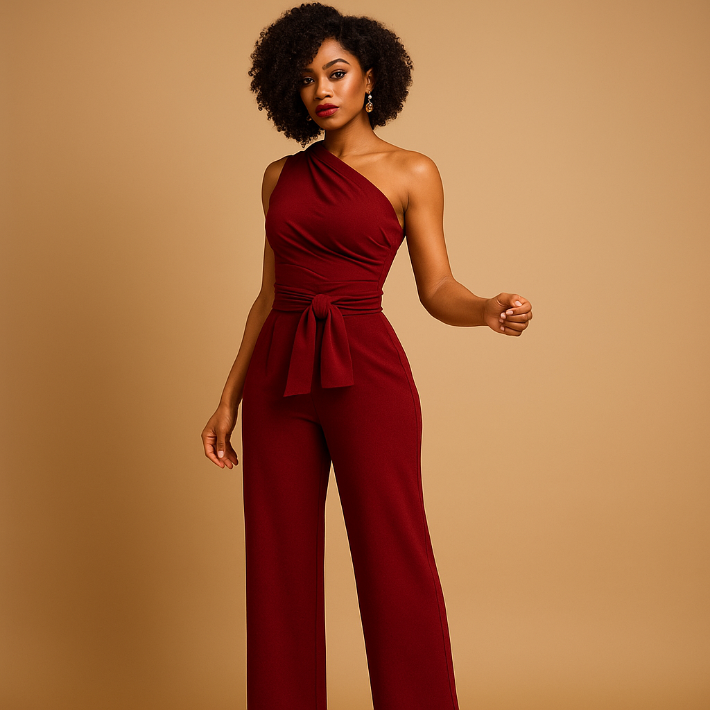 Elegant one-shoulder jumpsuit for women with wide legs and modern design, perfect for summer days, cocktail parties, or evening events.