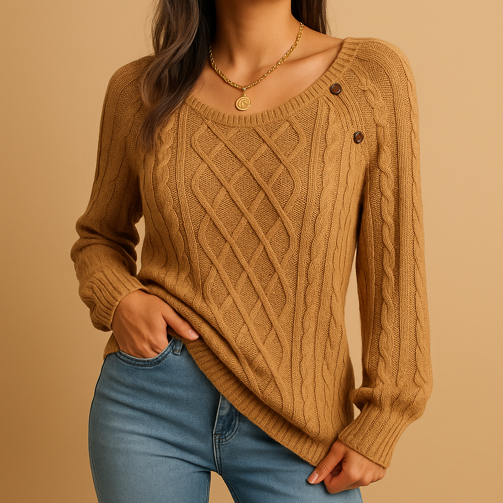 Women’s elegant ribbed knit sweater with soft stretch fit, long sleeves, and timeless design in neutral tones, perfect for autumn and winter wear.