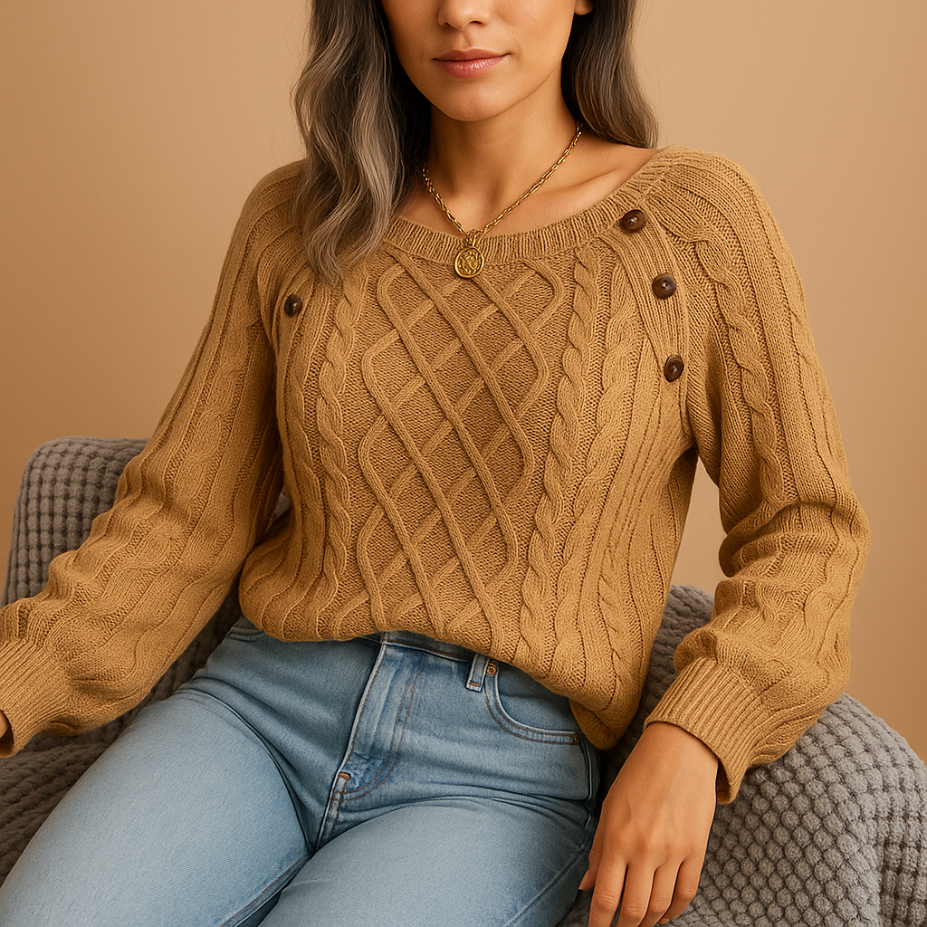 Women’s elegant ribbed knit sweater with soft stretch fit, long sleeves, and timeless design in neutral tones, perfect for autumn and winter wear.