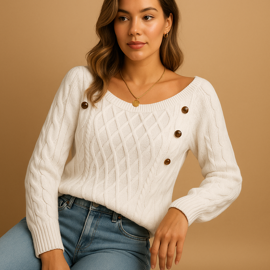 Women’s elegant ribbed knit sweater with soft stretch fit, long sleeves, and timeless design in neutral tones, perfect for autumn and winter wear.