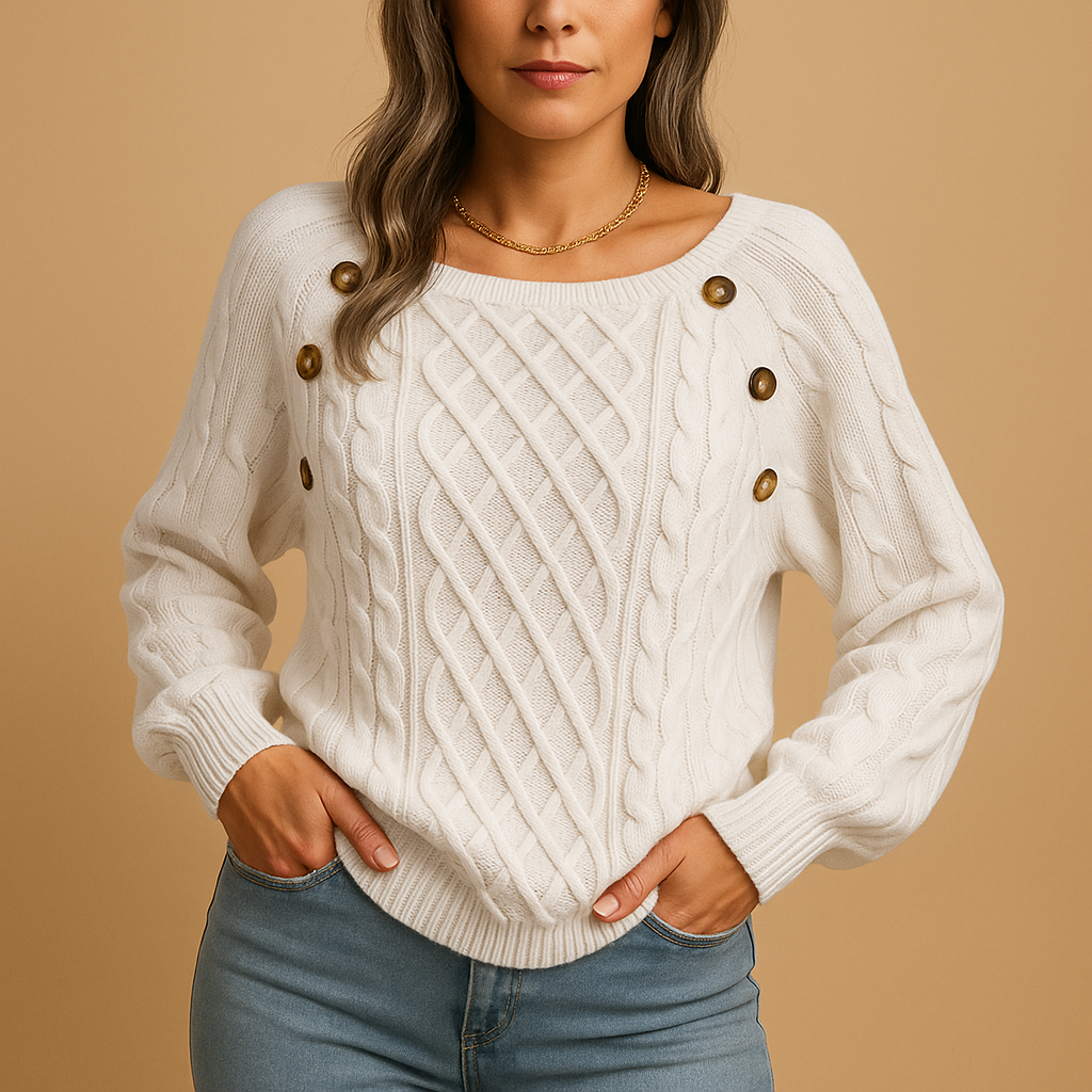 Women’s elegant ribbed knit sweater with soft stretch fit, long sleeves, and timeless design in neutral tones, perfect for autumn and winter wear.