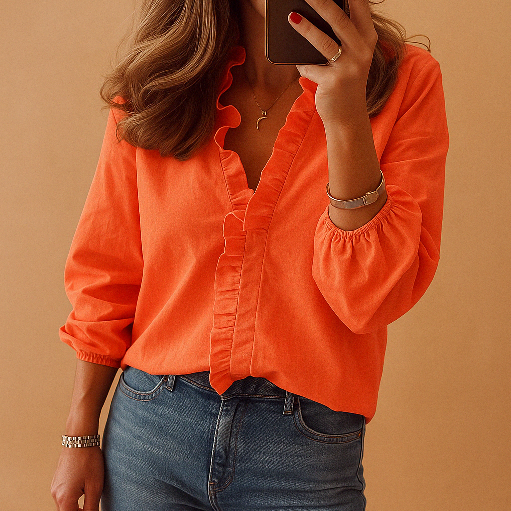 Women’s elegant ruffle blouse with flattering fit and lightweight fabric, perfect for work, casual days, and formal occasions.