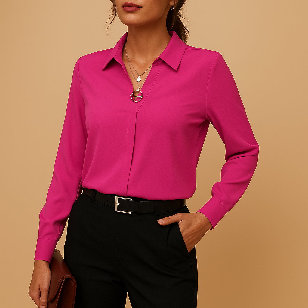 Elegant women’s blouse with classic collar and button-down design, perfect for office wear or evening occasions.
