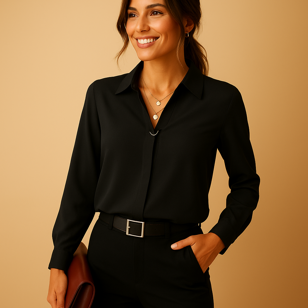 Elegant women’s blouse with classic collar and button-down design, perfect for office wear or evening occasions.